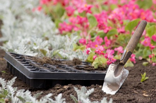 A garden scene featuring a section of soil with a partially buried black plastic seed tray or planting container. Surrounding the soil are patches of ornamental plants with small, white and pink flowering varieties. A small hand trowel with a wooden handle and a metal blade is inserted into the soil, indicating ongoing planting or gardening activity. The background contains lush, vibrant foliage and blossoming flowers, suggesting a well-maintained outdoor space typical of residential gardens in Tooting. The overall environment appears bright and natural, with soft daylight highlighting the textures of the soil, plants, and gardening tools. This scene illustrates typical gardening tasks such as planting or preparing flower beds, aligning with lawn and garden maintenance services provided by Lawn Mowing Tooting in the local area. The garden layout shows a neatly arranged, flowered border alongside cultivated soil, reflecting a cared-for outdoor area suitable for professional garden care and landscaping services in the Tooting region.
